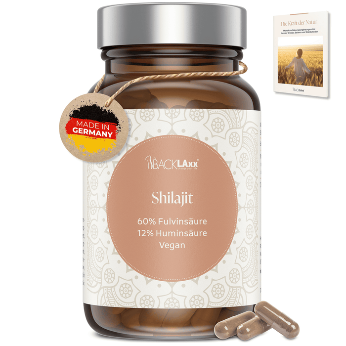 BACKLAXX Shilajit Kapseln – vegan, mit 60 % Fulvinsäure und 12 % Huminsäure, hochwertig hergestellt in Deutschland für natürliche Energie.