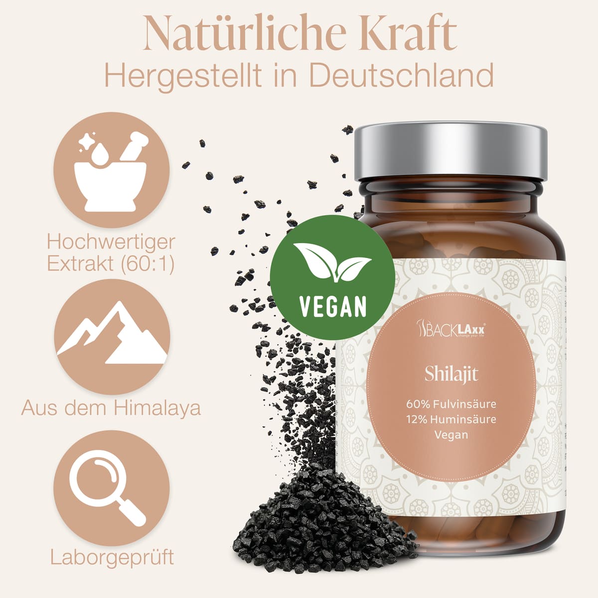 BACKLAXX Shilajit – veganer Himalaya-Extrakt (60:1) mit 60 % Fulvinsäure, 12 % Huminsäure, laborgeprüft und hergestellt in Deutschland.