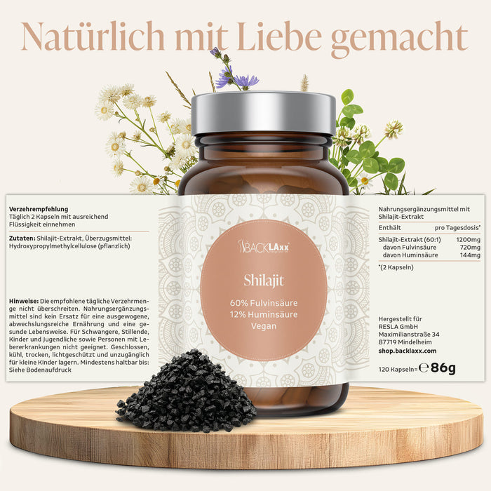 BACKLAXX Shilajit – veganer Himalaya-Extrakt mit 60 % Fulvinsäure, 12 % Huminsäure, 120 Kapseln, liebevoll in Deutschland hergestellt.