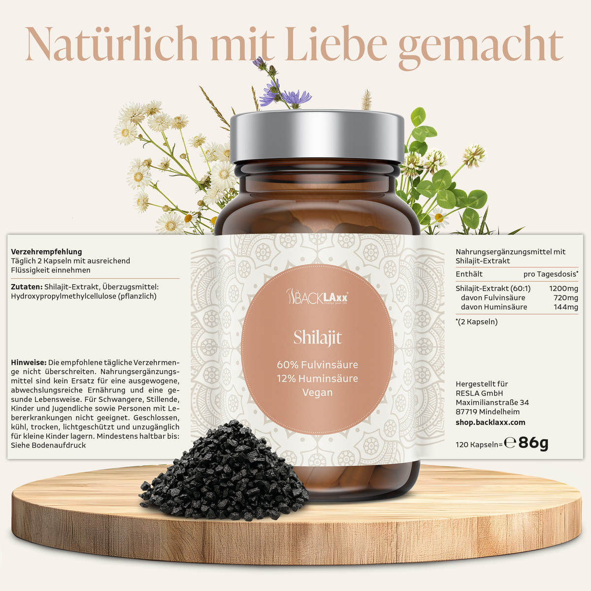 BACKLAXX Shilajit – veganer Himalaya-Extrakt mit 60 % Fulvinsäure, 12 % Huminsäure, 120 Kapseln, liebevoll in Deutschland hergestellt.
