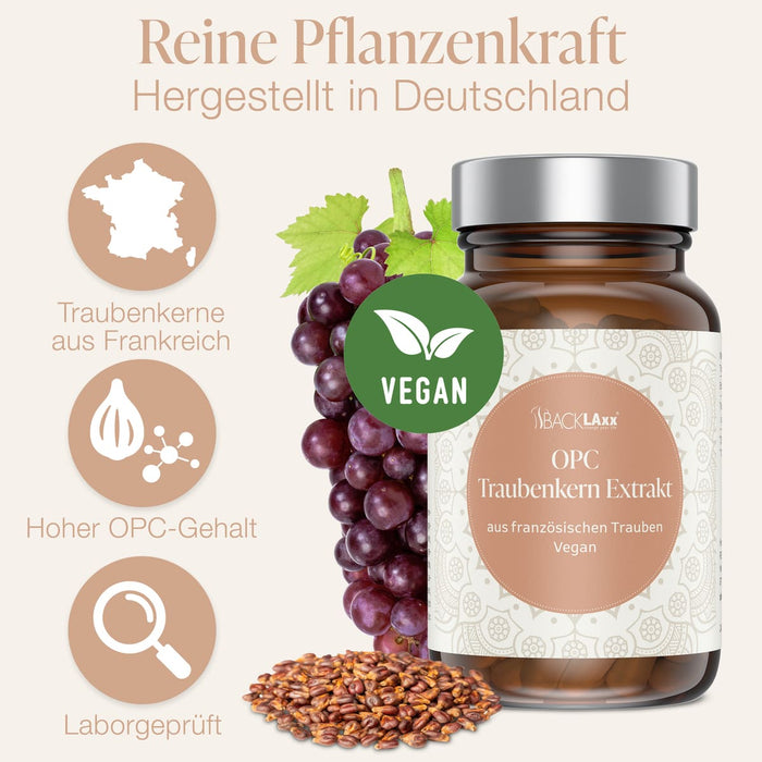 BACKLAXX OPC Traubenkern-Extrakt vegan - laborgeprüfte Pflanzenkraft aus französischen Traubenkernen Made in Germany