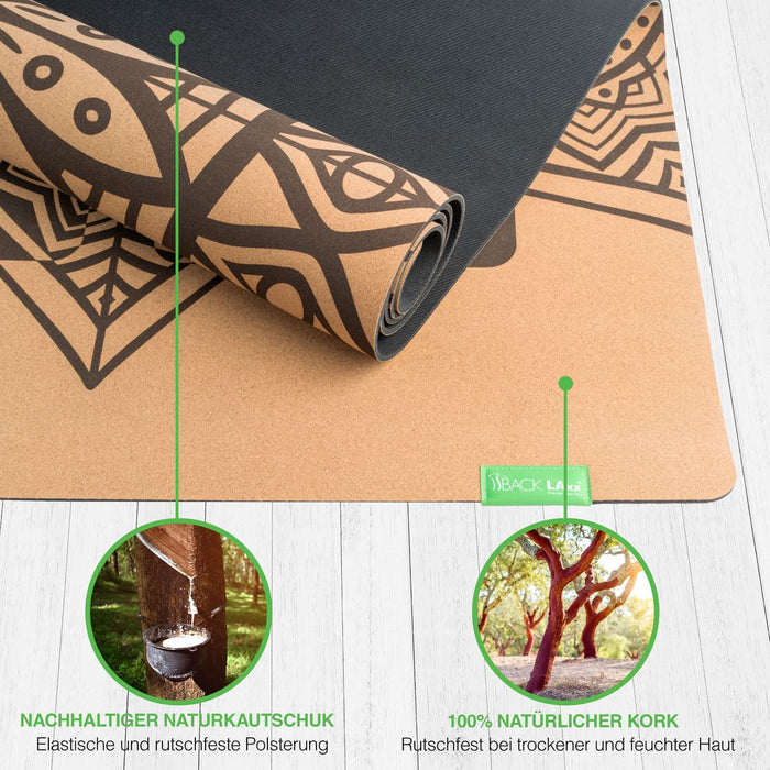 Yogamatte mit Korkoberfläche und Naturkatuschukunterseite
