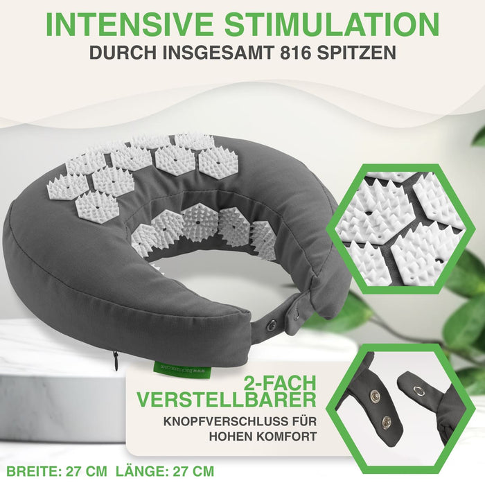 Dunkelgraues Akupressur-Nackenkissen mit 816 hellgrauen Spitzen - Zweifach verstellbarer Knopfverschluss für hohen Komfort, 27x27 cm