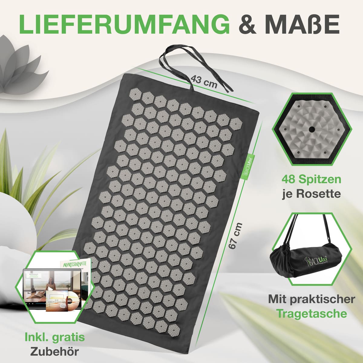 Akupressurmatte (43x67cm) mit 48-Spikes-Rosetten - Komplettpaket inklusive praktischer Tragetasche und Gratis-Zubehör für optimale Anwendung
