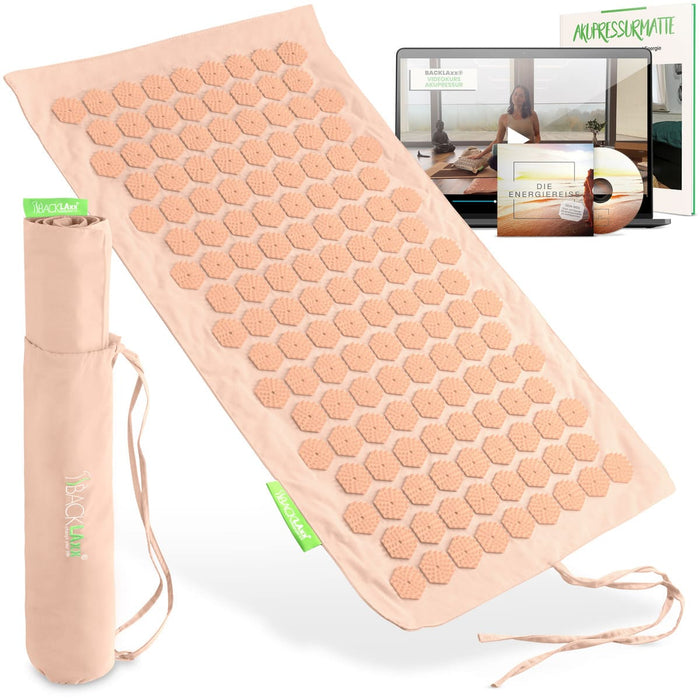 BACKLAXX Akupressurmatte in rose mit grauen Lotus-Druckpunkten - Set mit Tragetasche, Anleitung und Energiereise Hörbuch für Entspannung