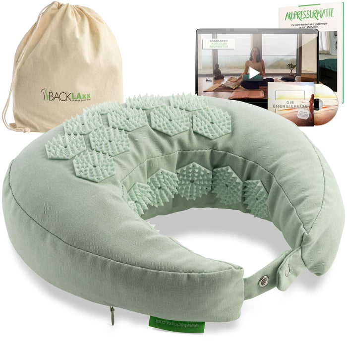 Hellgrünes BACKLAXX Akupressur-Halbmondkissen mit Druckpunkten - Set mit beiger Tragetasche und Energiereise-Video für ganzheitliche Entspannung
