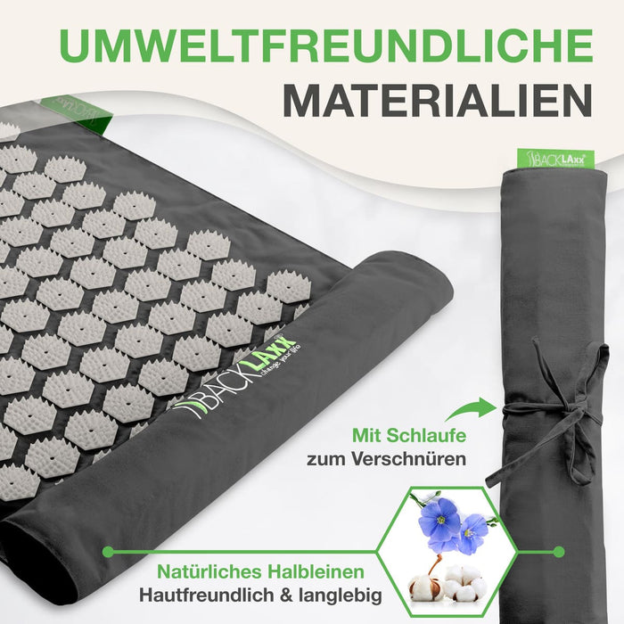 Backlaxx Akupressurmatte aus umweltfreundlichem Halbleinen - Hautfreundliches Design mit praktischer Verschlussschlaufe und weißen Druckpunkten
