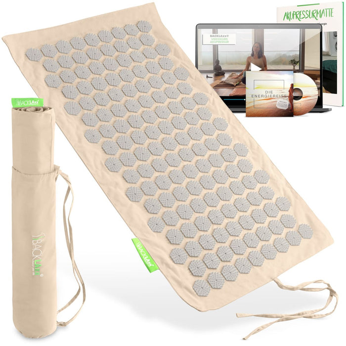 BACKLAxx Akupressurmatte in Beige mit grauen Lotus-Druckpunkten - Set mit Tragetasche, Anleitung und Energiereise Hörbuchfür Entspannung