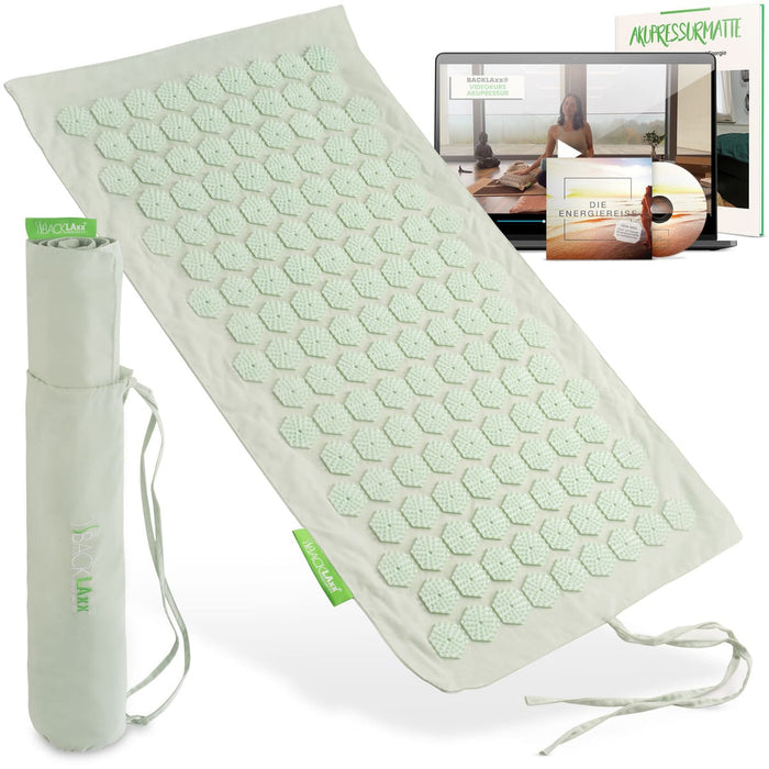 BACKLAxx Akupressurmatte in mintgruen mit grauen Lotus-Druckpunkten - Set mit Tragetasche, Anleitung und Energiereise Hörbuchfür Entspannung