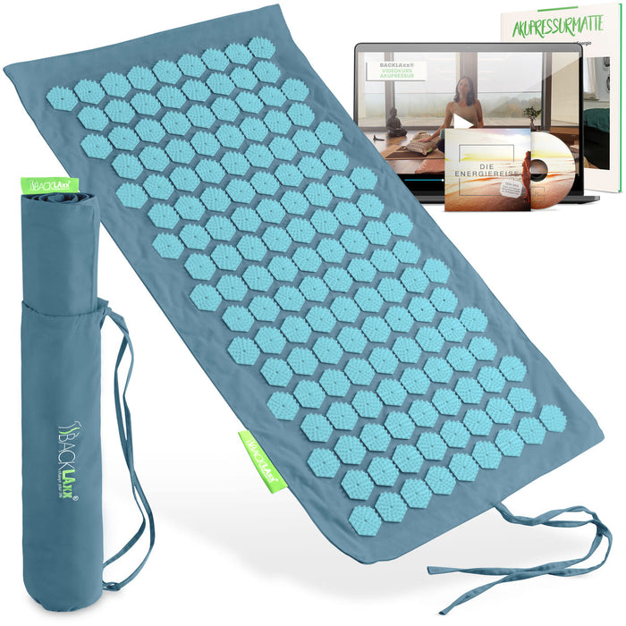 BACKLAXX Akupressurmatte in tuerkis mit grauen Lotus-Druckpunkten - Set mit Tragetasche, Anleitung und Energiereise Hörbuch für Entspannung