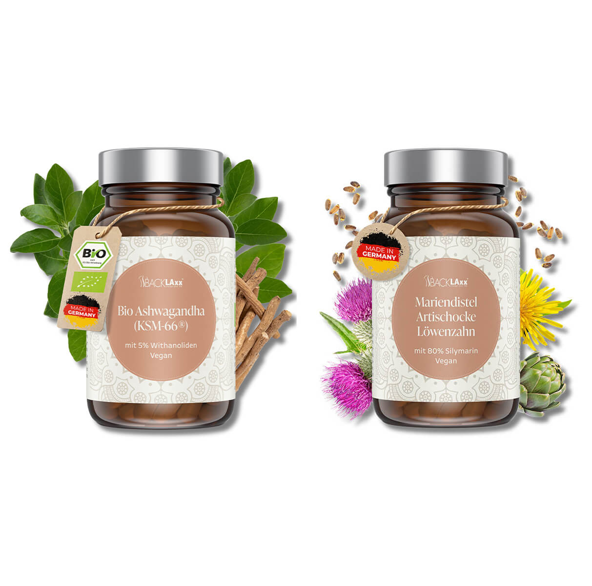 BACKLAXX Bio Ashwagandha KSM-66® mit 5% Withanoliden - Veganes Nahrungsergänzungsmittel in Braunglasflasche mit EU-Bio-Zertifizierung und Made in Germany
