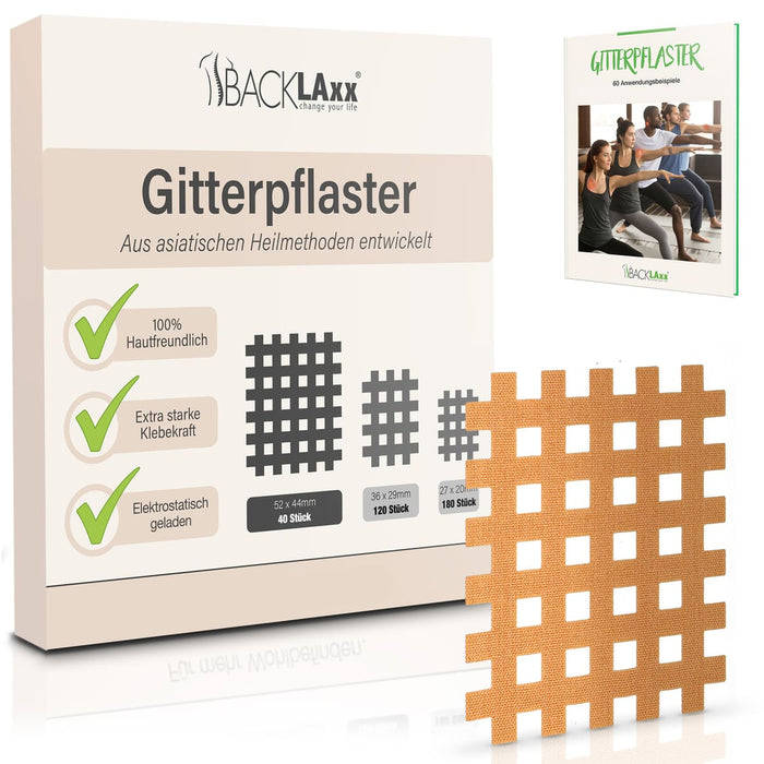 BACKLAXX Gitterpflaster XXL-Pack mit 40 Stück - 100% hautfreundliches Tape mit extra starker Klebekraft und 60 Anwendungsbeispielen