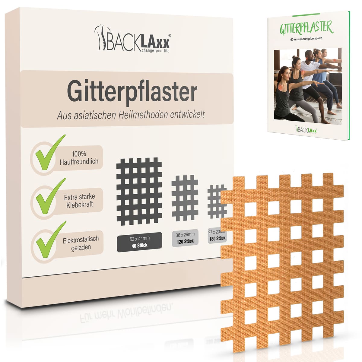 BACKLAXX Gitterpflaster XXL-Pack mit 40 Stück - 100% hautfreundliches Tape mit extra starker Klebekraft und 60 Anwendungsbeispielen
