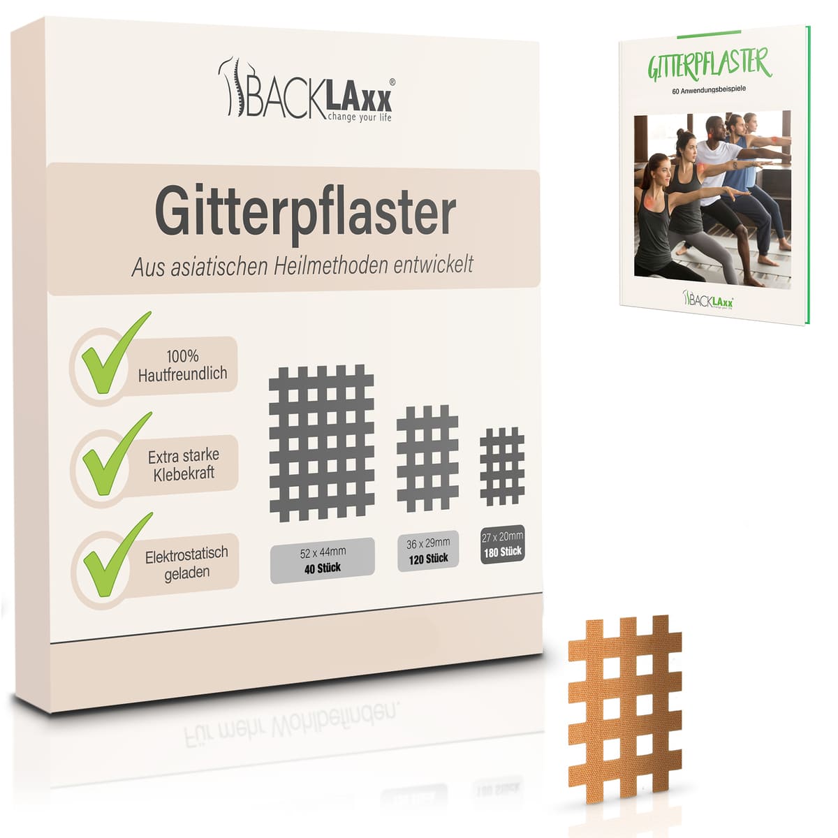 BACKLAXX Gitterpflaster XXL-Pack mit 180 Stück - 100% hautfreundliches Tape mit extra starker Klebekraft und 60 Anwendungsbeispielen
