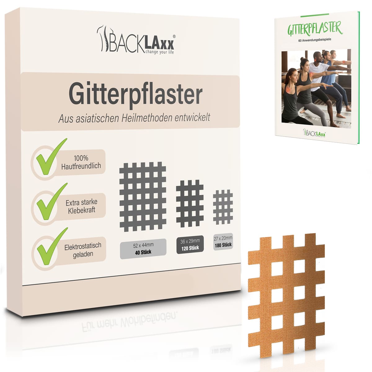 BACKLAXX Gitterpflaster XXL-Pack mit 120 Stück - 100% hautfreundliches Tape mit extra starker Klebekraft und 60 Anwendungsbeispielen
