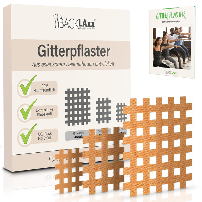 BACKLAXX Gitterpflaster XXL-Pack mit 140 Stück in drei Größen - 100% hautfreundliches Tape mit extra starker Klebekraft und 60 Anwendungsbeispielen