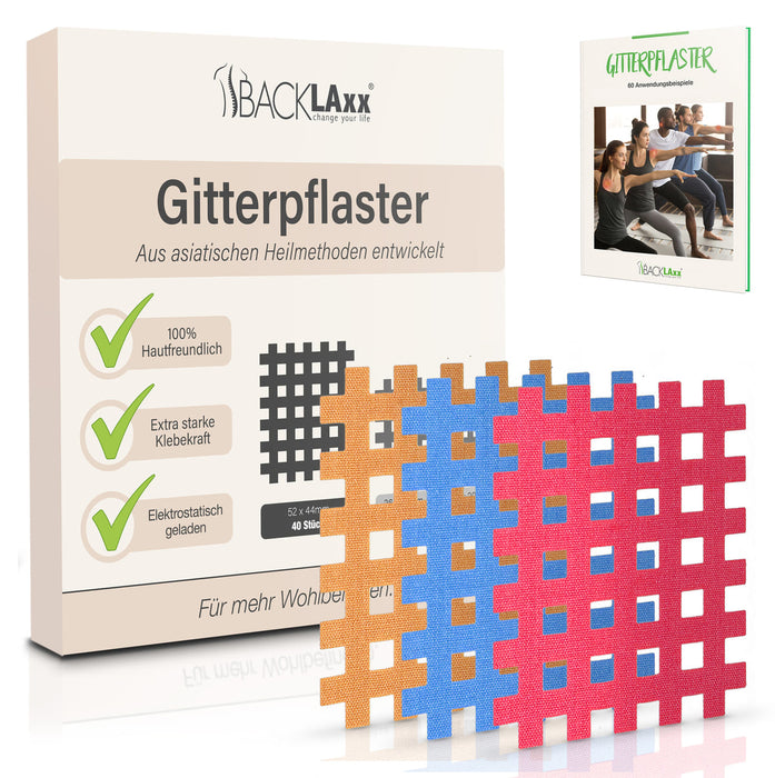 BACKLAXX Gitterpflaster XXL-Pack mit 40 Stück in drei verschiedenen Farben - 100% hautfreundliches Tape mit extra starker Klebekraft und 60 Anwendungsbeispielen