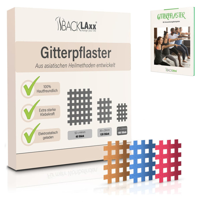 BACKLAXX Gitterpflaster XXL-Pack mit 180 Stück in drei verschiedenen Farben - 100% hautfreundliches Tape mit extra starker Klebekraft und 60 Anwendungsbeispielen