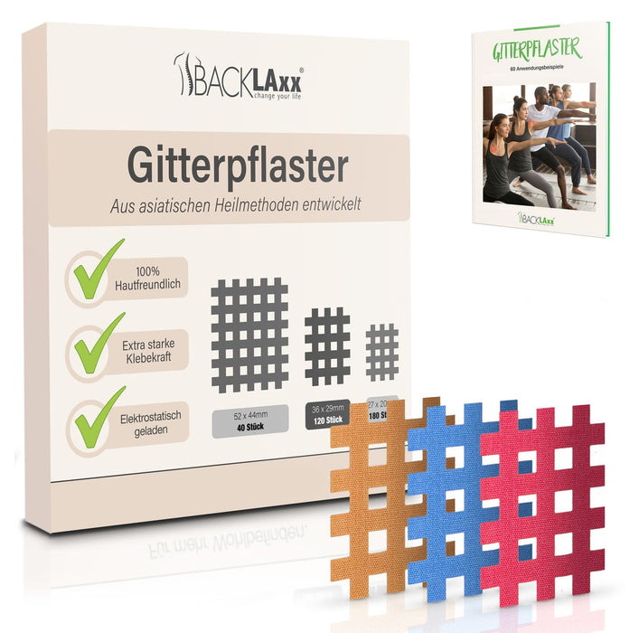 BACKLAXX Gitterpflaster XXL-Pack mit 120 Stück in drei verschiedenen Farben - 100% hautfreundliches Tape mit extra starker Klebekraft und 60 Anwendungsbeispielen