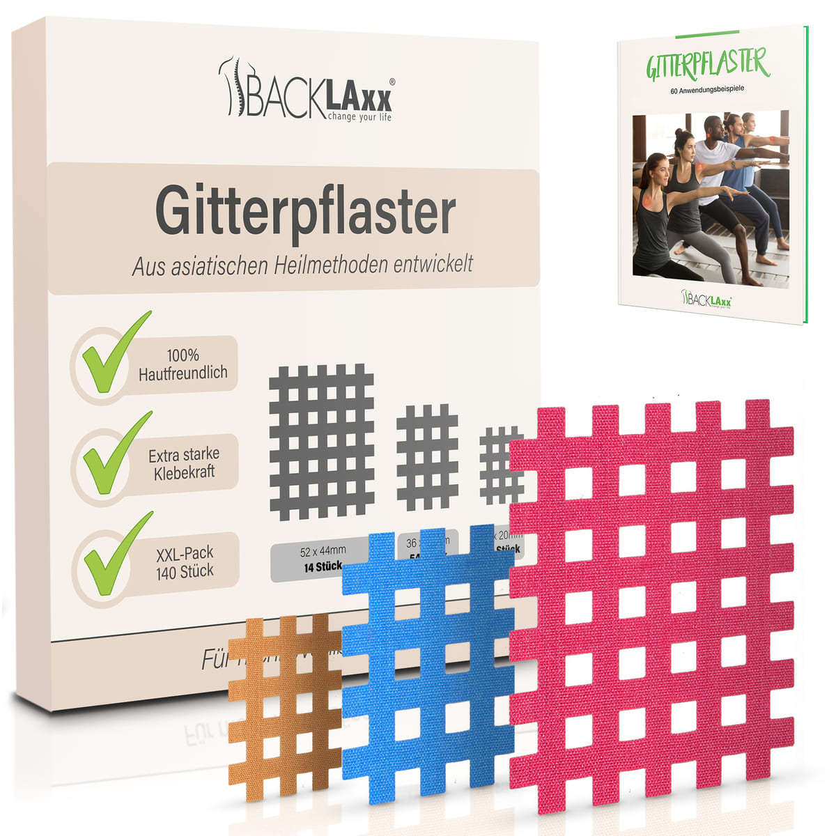 BACKLAXX Gitterpflaster XXL-Pack mit 140 Stück in drei Größen und drei verschiedenen Farben - 100% hautfreundliches Tape mit extra starker Klebekraft und 60 Anwendungsbeispielen
