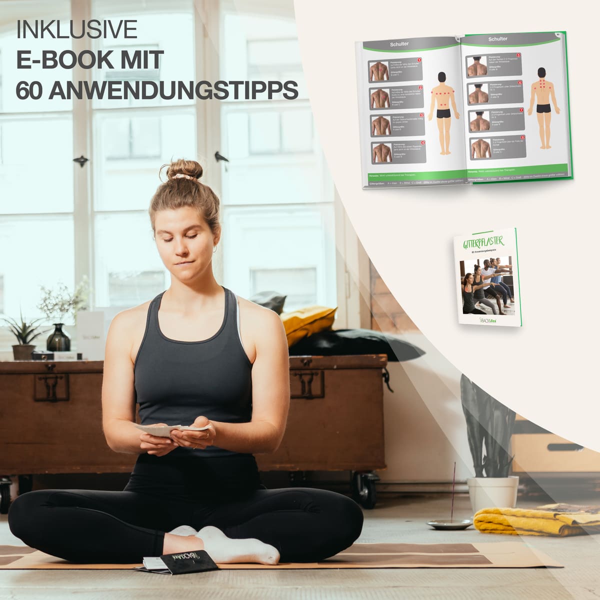 BACKLAXX Gitterpflaster mit inklusivem E-Book - 60 Anwendungstipps für verschiedene Körperregionen wie Schulter in entspannter Yoga-Atmosphäre
