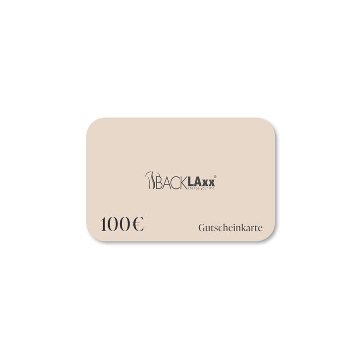 BACKLAXX Gutscheinkarte über 100€ im eleganten beigen Design - Perfektes Geschenk für Wellness- und Gesundheitsprodukte
