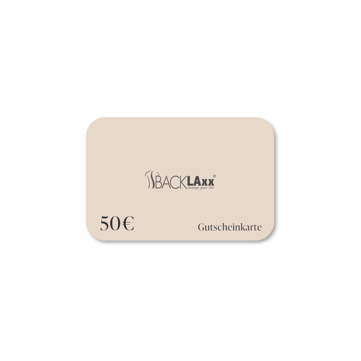 BACKLAXX Gutscheinkarte über 50€ im eleganten beigen Design - Perfektes Geschenk für Wellness- und Gesundheitsprodukte
