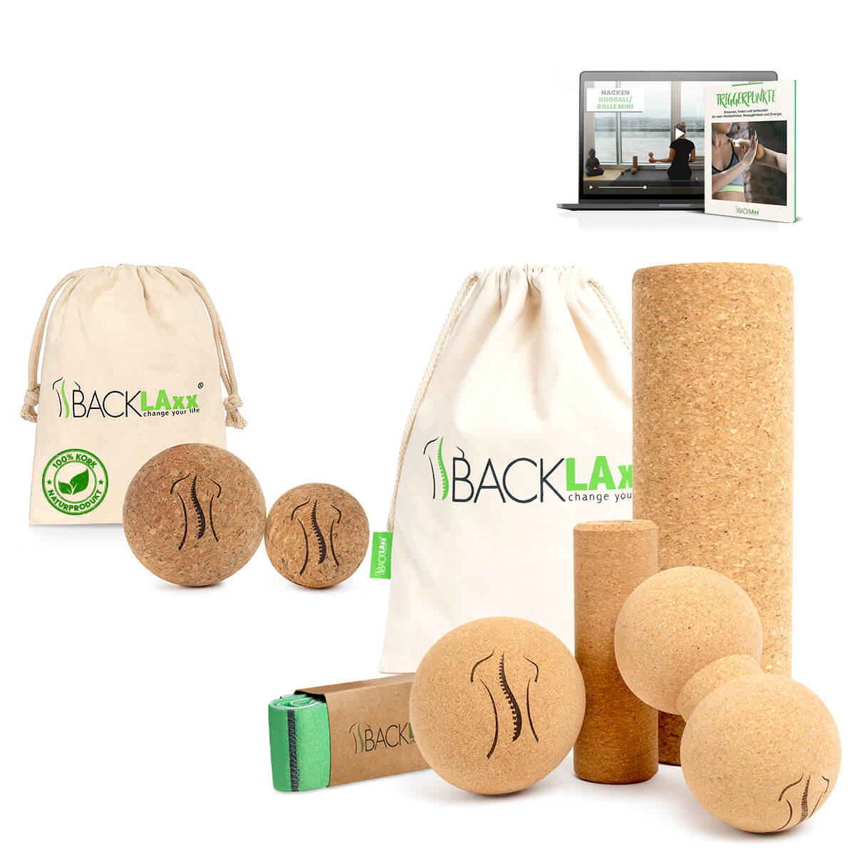 BACKLAXX Massageset aus 100% Kork-Naturprodukten - Faszienrollen, Massagebälle und Übungsbänder mit Online-Videokurs für effektive Selbstmassage