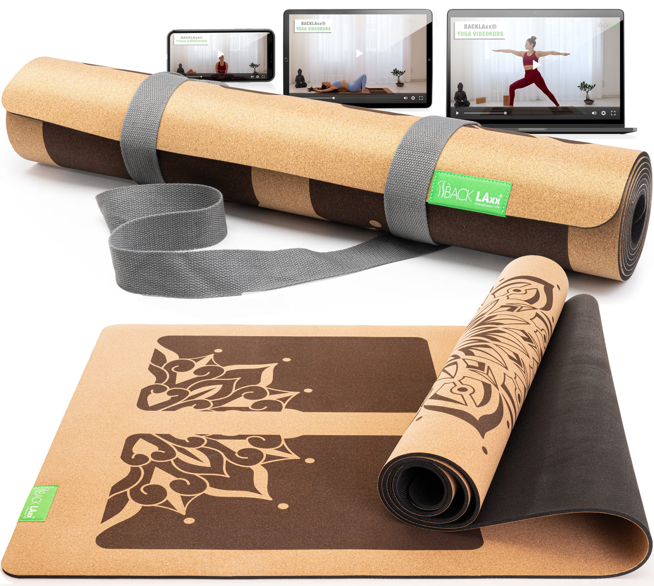 BACKLAXX Kork-Yogamatte mit elegantem dunklen Mandala-Muster - Natürliches Rolldesign mit grauem Tragegurt und Online-Videokursen für ganzheitliches Yogaerlebnis
