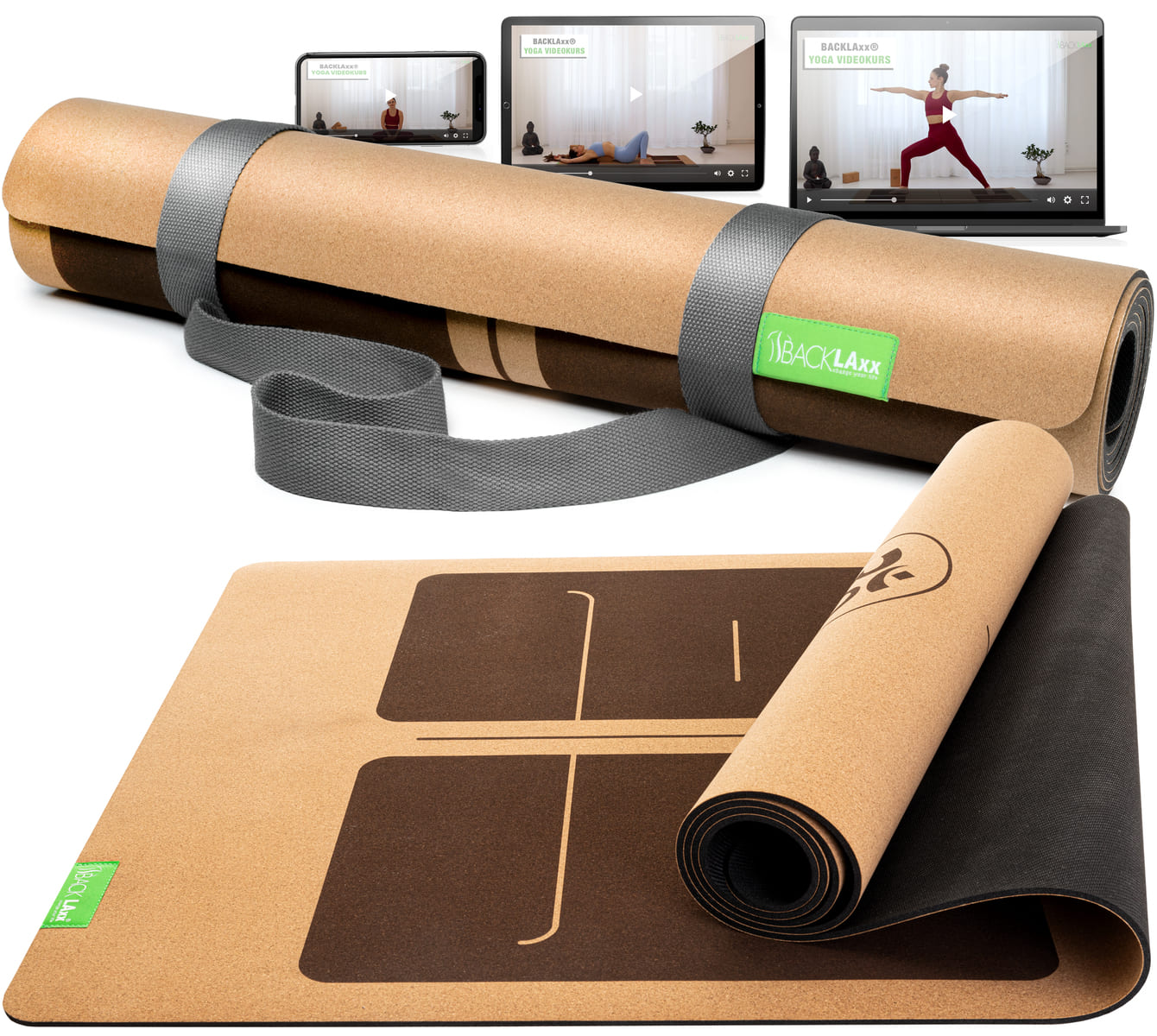 BACKLAXX Kork-Yogamatte in Naturbraun mit dekorativem Design - Inklusiver Yoga-Videokurs und praktischem Tragegurt für Flexibilität und Nachhaltigkeit
