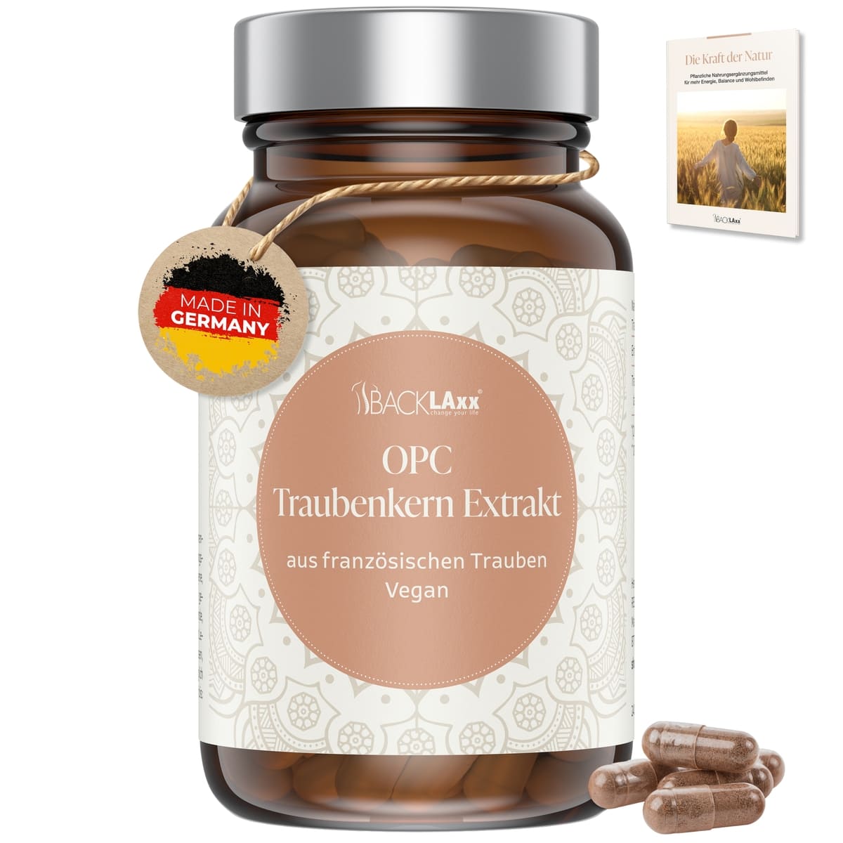 BACKLAXX OPC Traubenkern-Extrakt braune Glasflasche - veganes Nahrungsergänzungsmittel Made in Germany