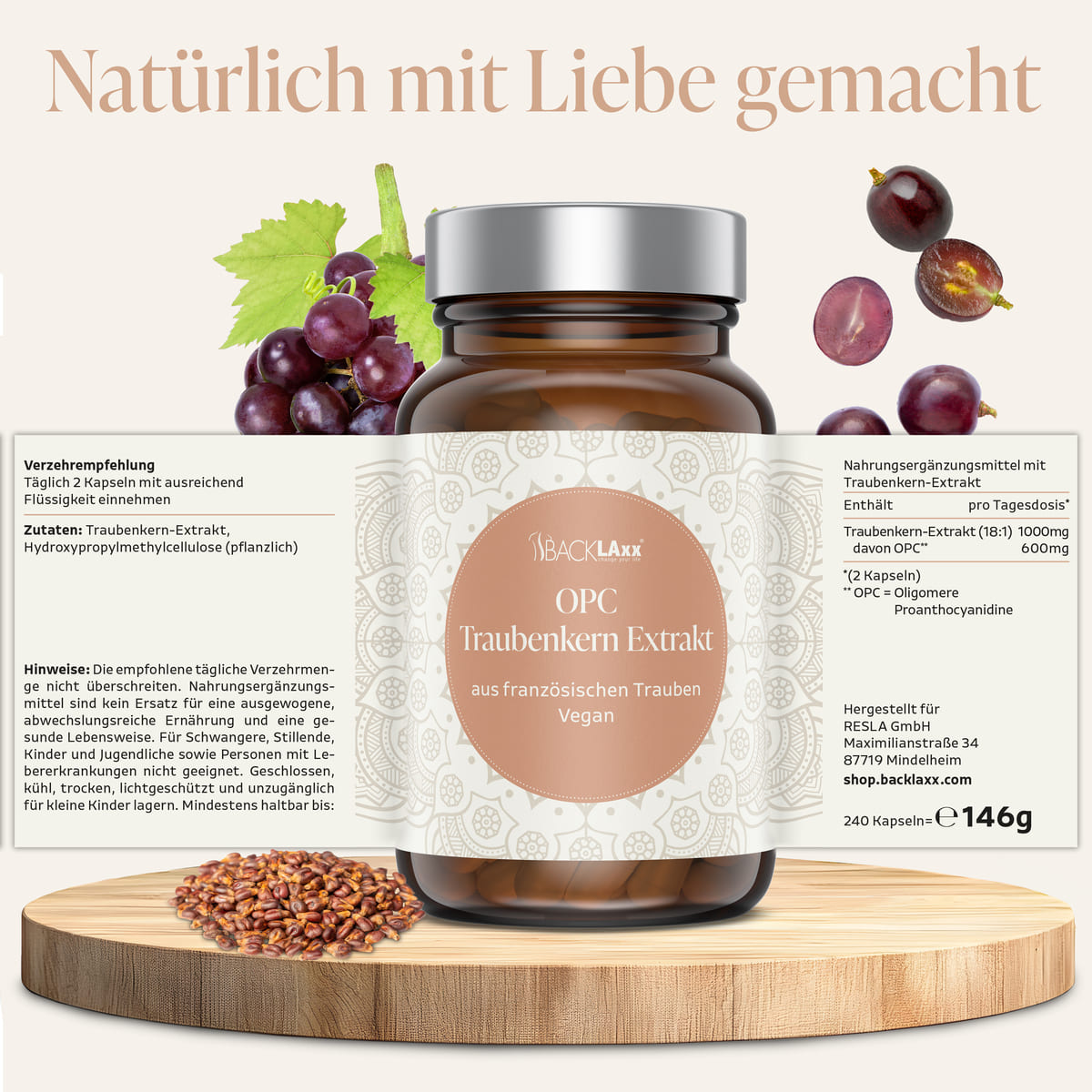 BACKLAXX OPC Traubenkern-Extrakt Produktdaten - 240 Kapseln 1000mg täglich aus französischen Trauben vegan