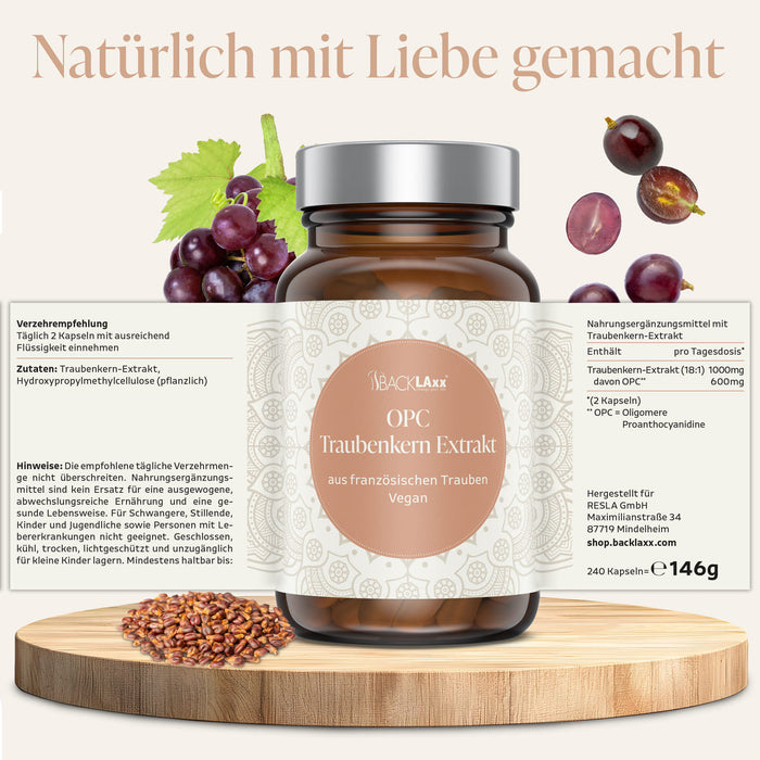 BACKLAXX OPC Traubenkern-Extrakt Produktdaten - 240 Kapseln 1000mg täglich aus französischen Trauben vegan