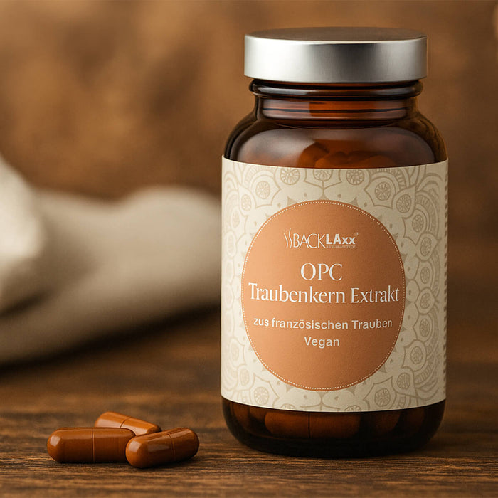 BACKLAXX OPC Traubenkern-Extrakt Lifestyle - vegane Kapseln aus französischen Trauben in Glasflasche