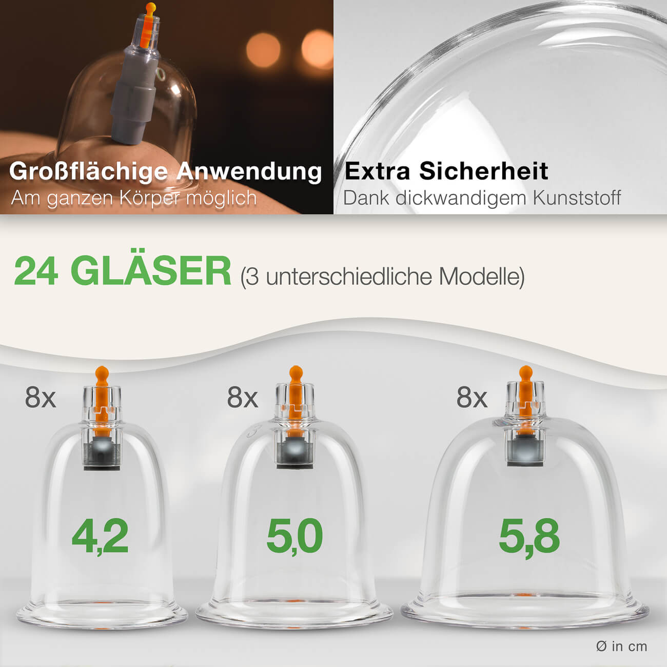 BACKLAXX 24er Schröpfglas-Set mit drei verschiedenen Größen - Sicherheitsoptimierte Gläser mit 4,2cm, 5,0cm und 5,8cm Durchmesser für großflächige Anwendungen
