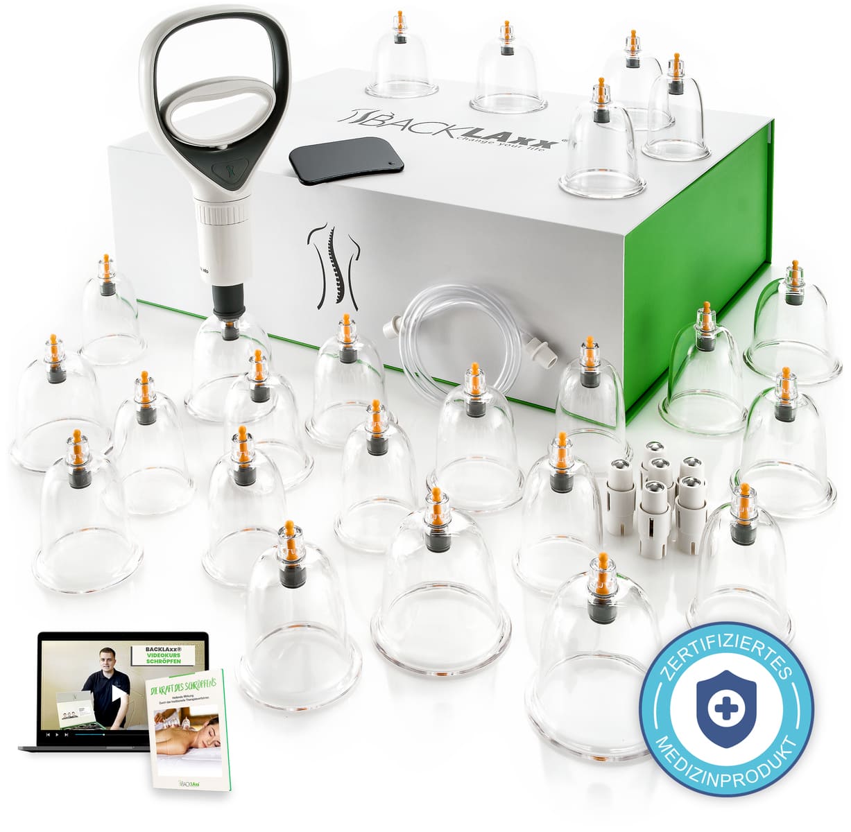 BACKLAXX 24er Schröpfglas-Set als zertifiziertes Medizinprodukt - Komplettes Therapie-Set mit Sauggläsern, Verbindungsstücken, Pumpe und Online-Anleitung
