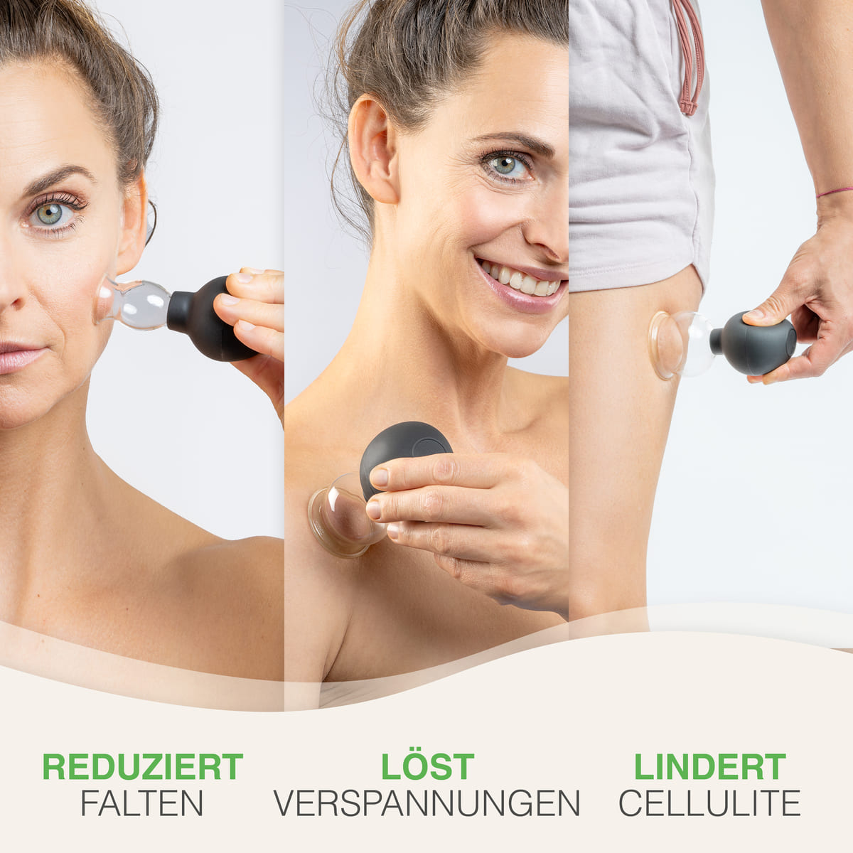 BACKLAXX Schröpfglas mit dreifacher Anwendung - Reduziert Falten im Gesicht, löst Verspannungen an der Schulter und lindert Cellulite am Oberschenkel
