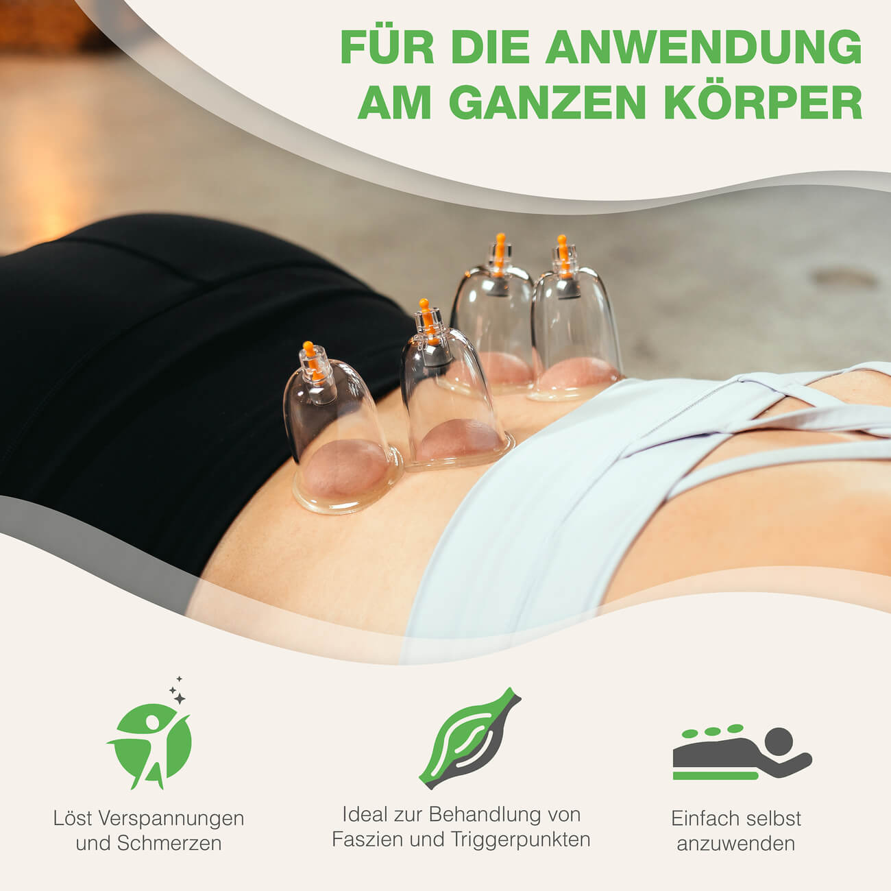 BACKLAXX Schröpfglas-Anwendung am ganzen Körper - Löst Verspannungen und Schmerzen, ideal für Faszien und Triggerpunkte, einfache Selbstanwendung
