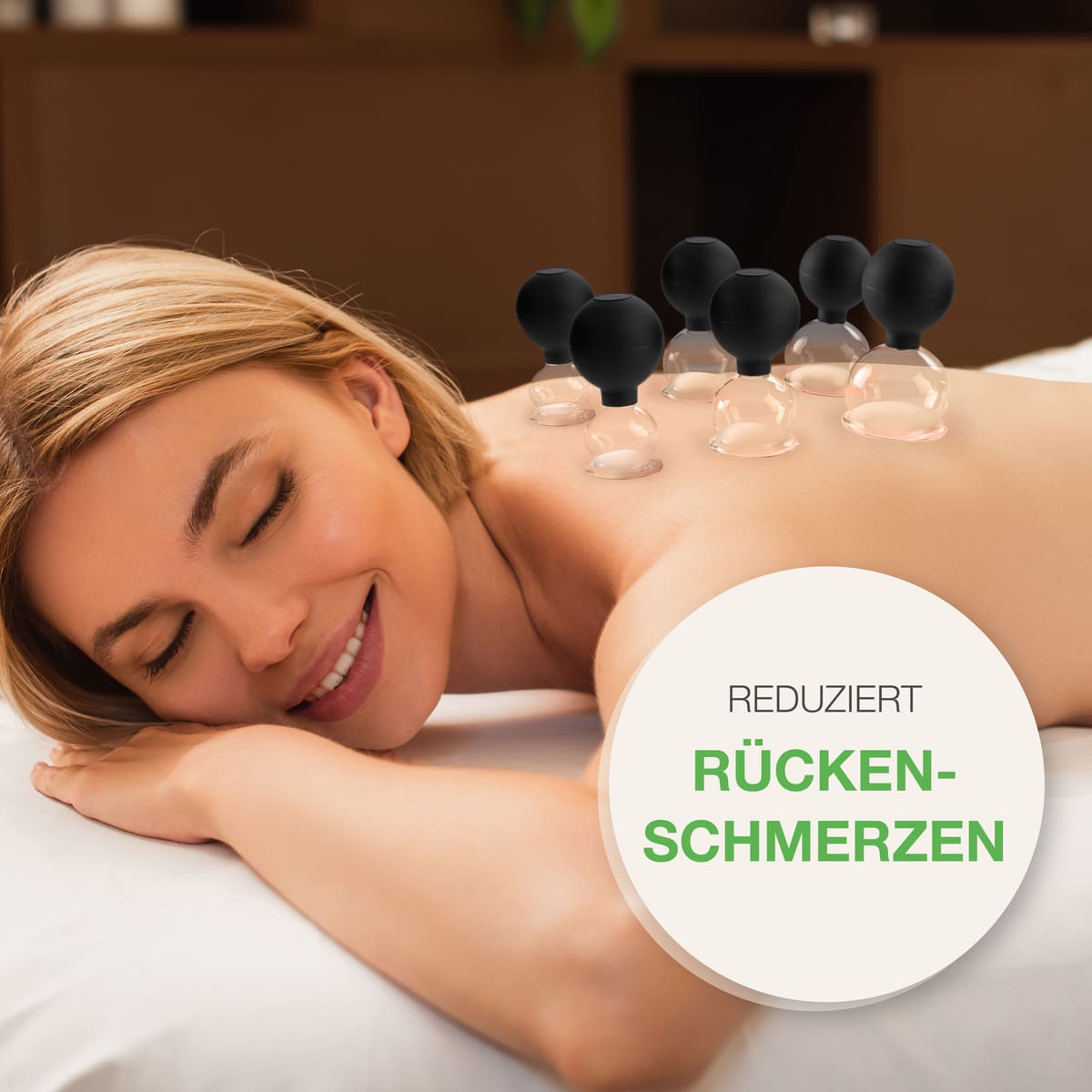 BACKLAXX Schröpfglas-Therapie zur Reduzierung von Rückenschmerzen - Professionelle Anwendung mehrerer Sauggläser auf dem Rücken für Entspannung und Schmerzlinderung
