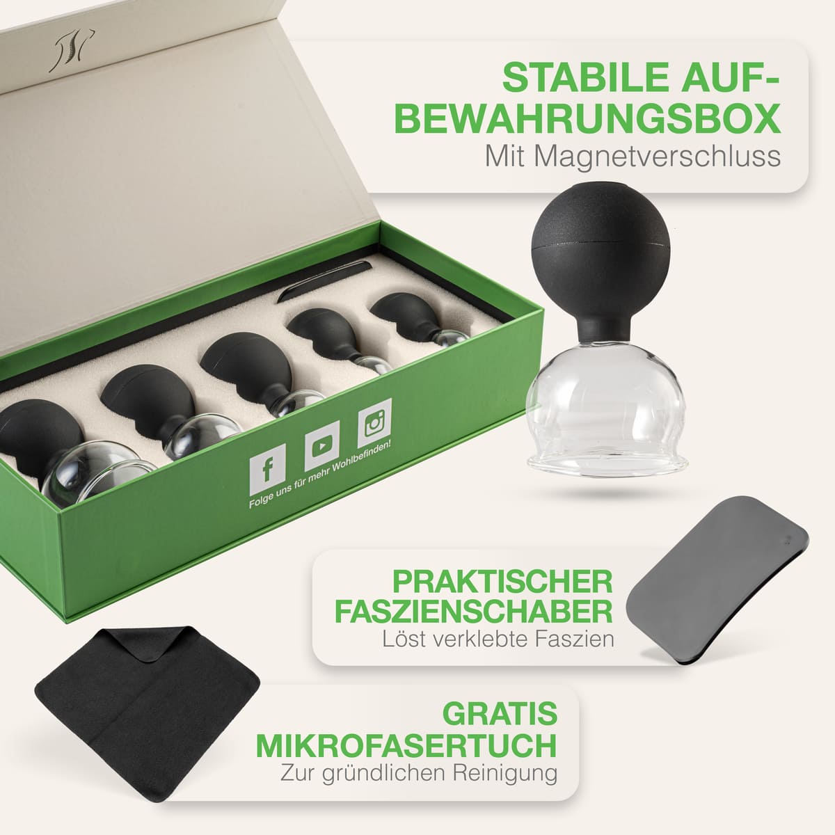 BACKLAXX Schröpfglas-Set in stabiler Aufbewahrungsbox mit Magnetverschluss - Inklusive praktischem Faszienschaber und gratis Mikrofasertuch zur Reinigung
