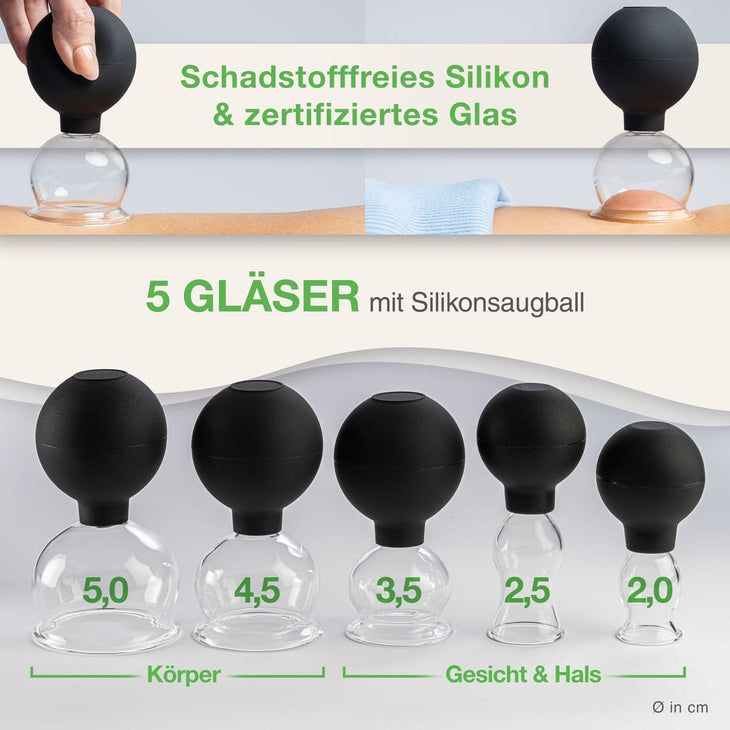 BACKLAXX Schröpfglas-Set mit 5 verschiedenen Größen - Schadstofffreies Silikon und zertifiziertes Glas für Körper, Gesicht und Hals
