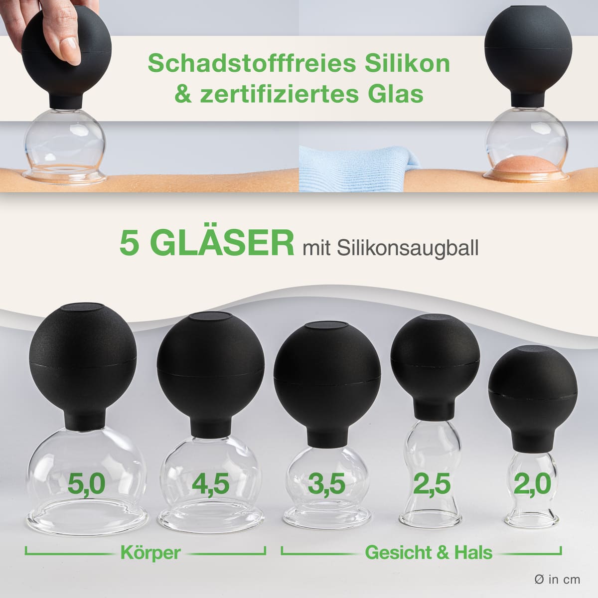 BACKLAXX Schröpfglas-Set mit 5 verschiedenen Größen - Schadstofffreies Silikon und zertifiziertes Glas für Körper, Gesicht und Hals