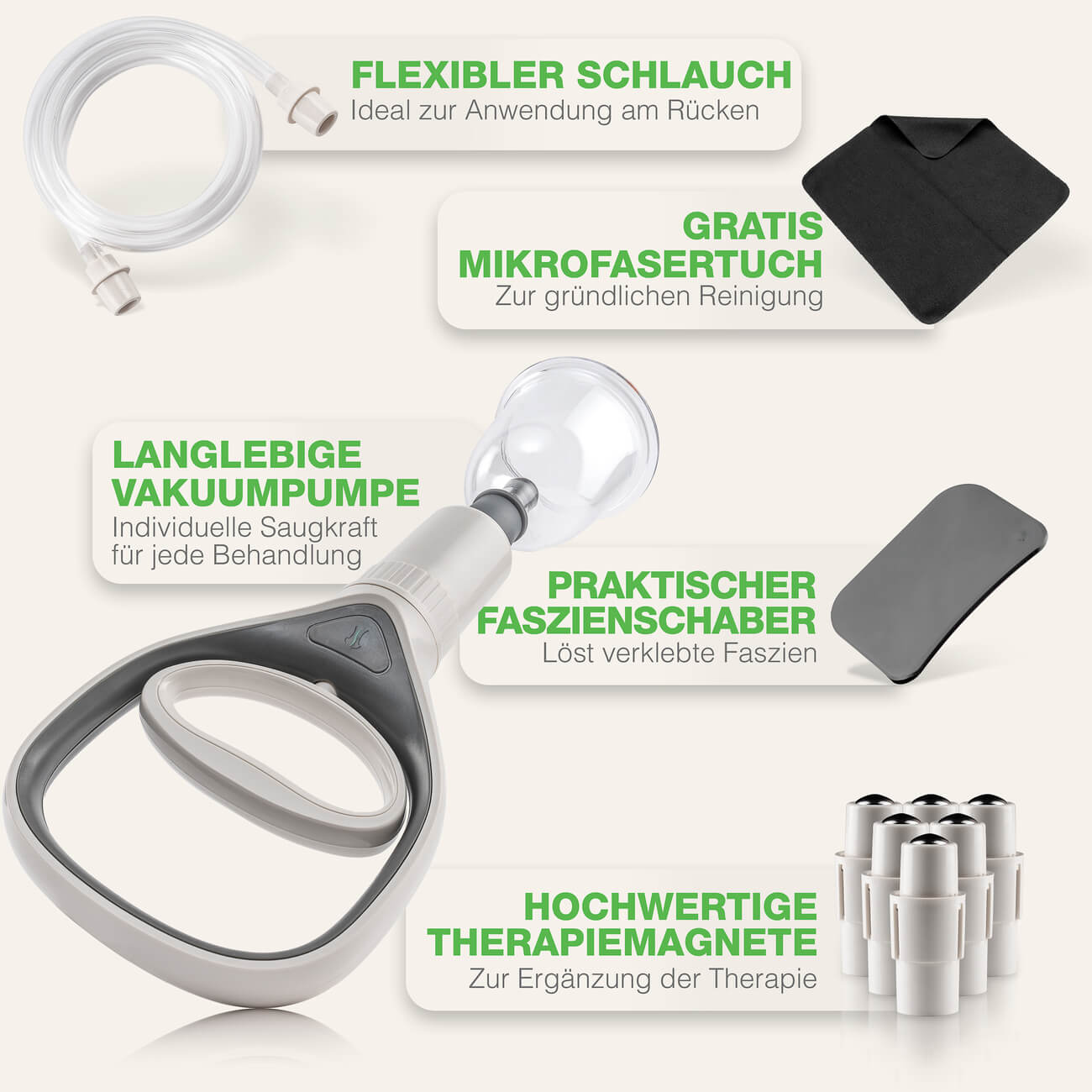 BACKLAXX 24er Schröpfglas-Set mit Vakuumpumpe, flexiblem Schlauch und Faszienschaber - Inklusive Therapiemagnete und gratis Mikrofasertuch für professionelle Anwendung