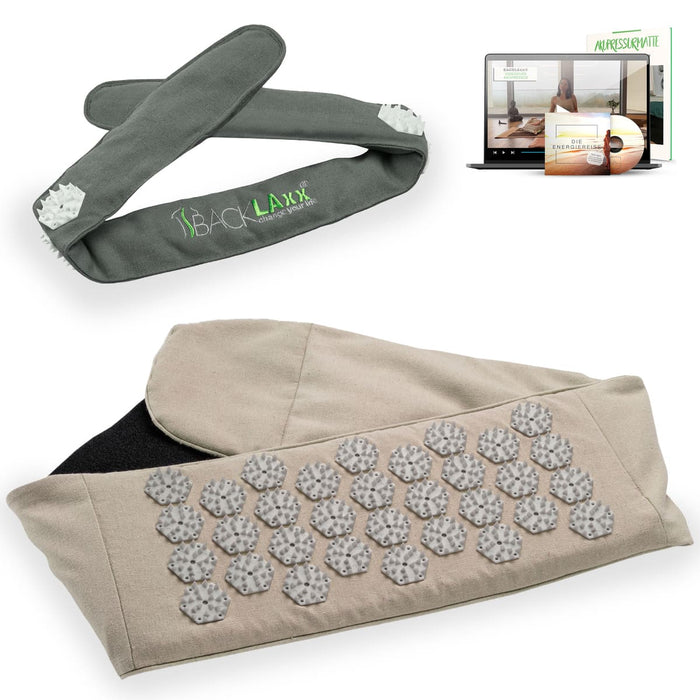 BACKLAXX Akupress to go Bundle bestehend aus Lendengurt natur und Kopfband grau - Kombinierbar mit Online-Kursen und der Energielehre für ganzheitliche Wellnessanwendung