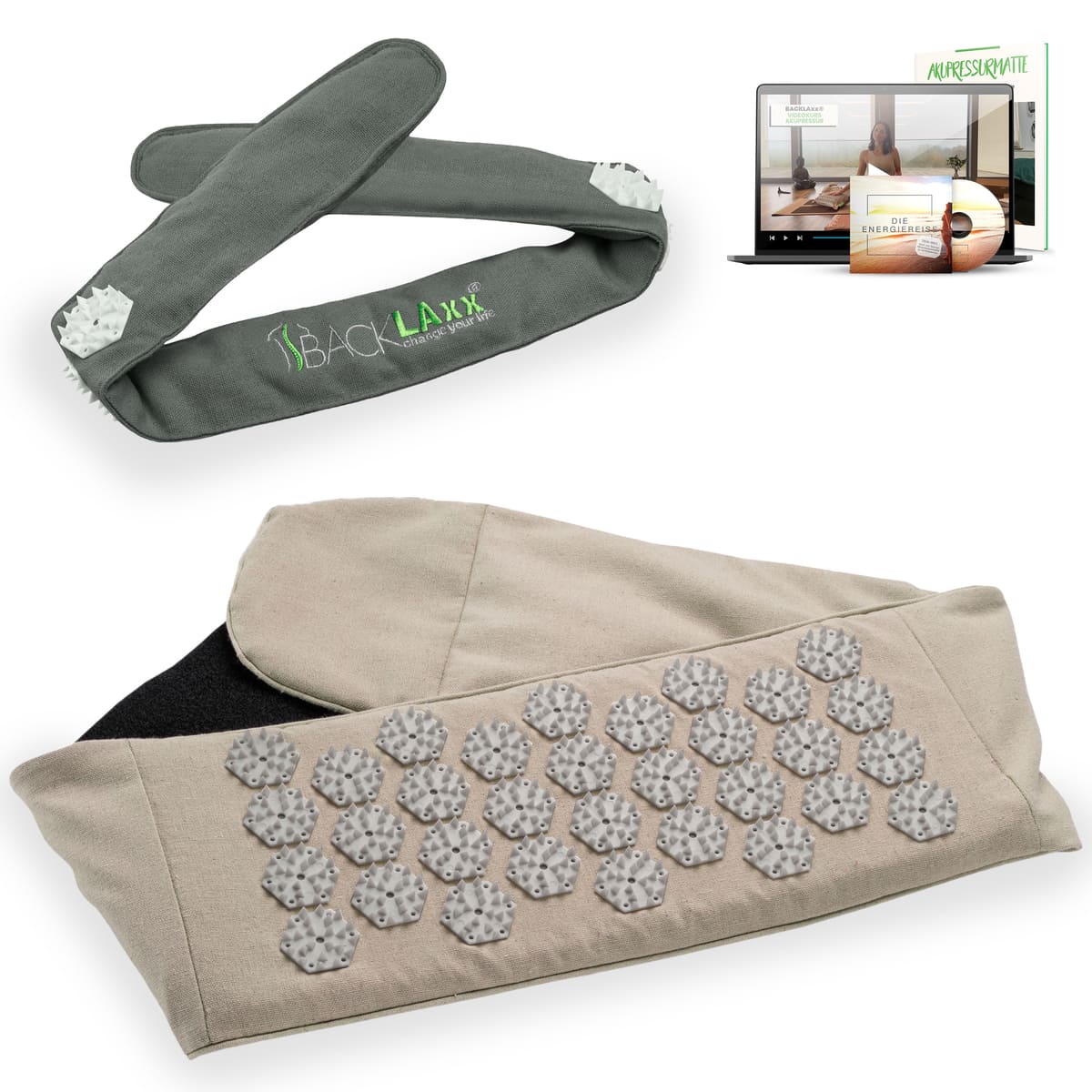 BACKLAXX Akupress to go Bundle bestehend aus Lendengurt natur und Kopfband grau - Kombinierbar mit Online-Kursen und der Energielehre für ganzheitliche Wellnessanwendung