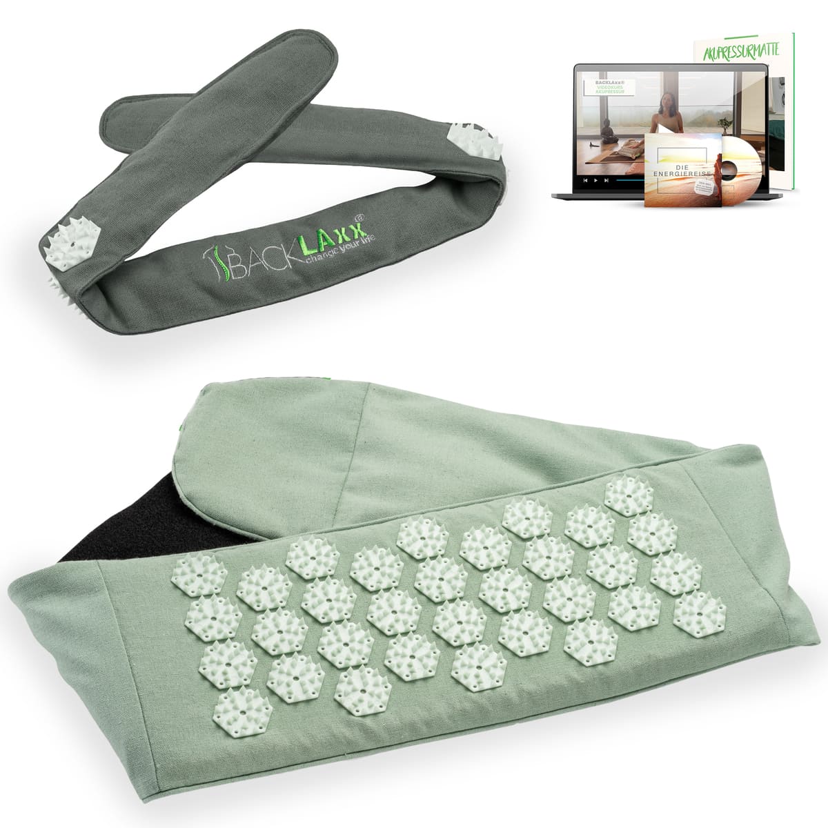 BACKLAXX Akupress to go Bundle bestehend aus Lendengurt mintgruen und Kopfband grau - Kombinierbar mit Online-Kursen und der Energielehre für ganzheitliche Wellnessanwendung