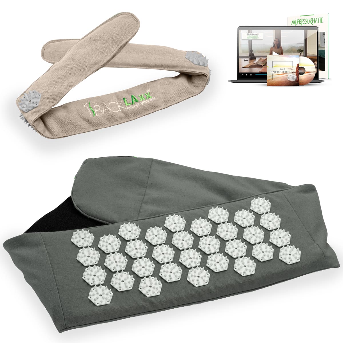 BACKLAXX Akupress to go Bundle bestehend aus Lendengurt grau und Kopfband natur - Kombinierbar mit Online-Kursen und der Energielehre für ganzheitliche Wellnessanwendung