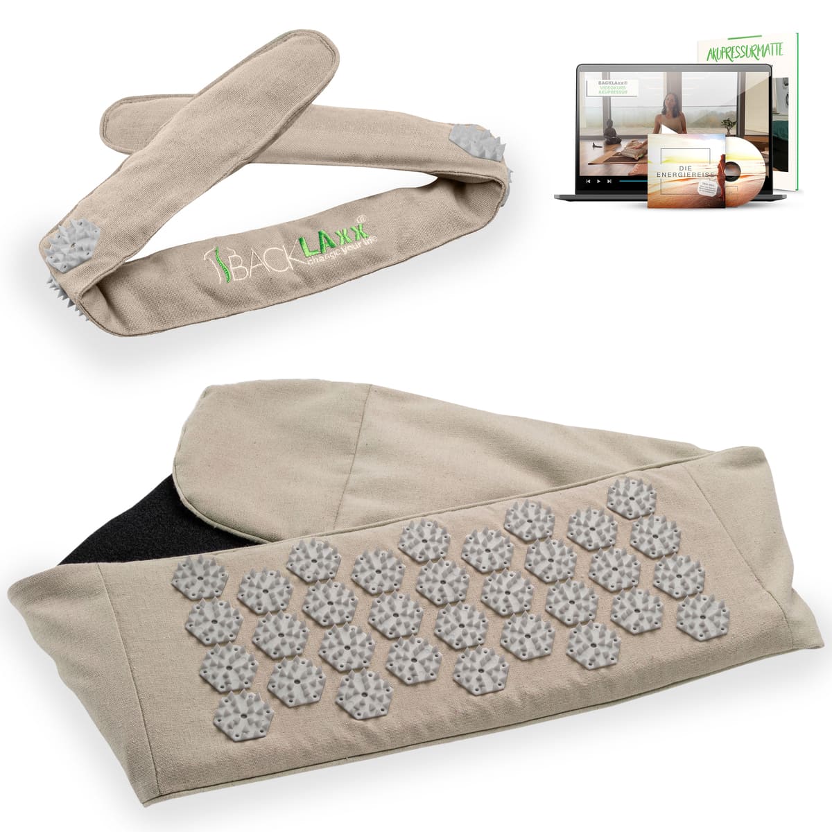 BACKLAXX Akupress to go Bundle bestehend aus Lendengurt natur und Kopfband natur - Kombinierbar mit Online-Kursen und der Energielehre für ganzheitliche Wellnessanwendung