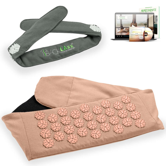 BACKLAXX Akupress to go Bundle bestehend aus Lendengurt rose und Kopfband grau - Kombinierbar mit Online-Kursen und der Energielehre für ganzheitliche Wellnessanwendung