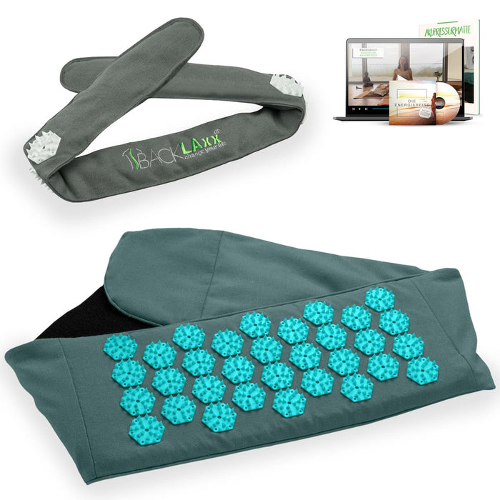 BACKLAXX Akupress to go Bundle bestehend aus Lendengurt türkis und Kopfband grau - Kombinierbar mit Online-Kursen und der Energielehre für ganzheitliche Wellnessanwendung